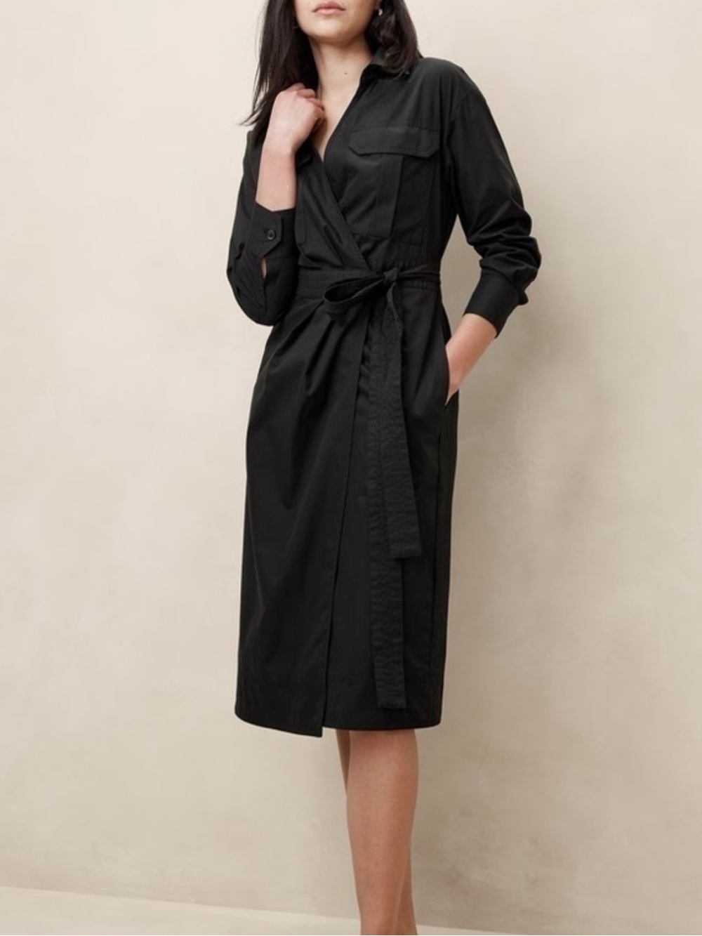 Banana Republic Black Poplin Midi Shirt Wrap Dress, 100% Cotton, Size XS